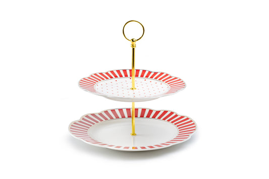 Red Josephine Stripes and Dots Fine Porcelain 2-Tier Server
