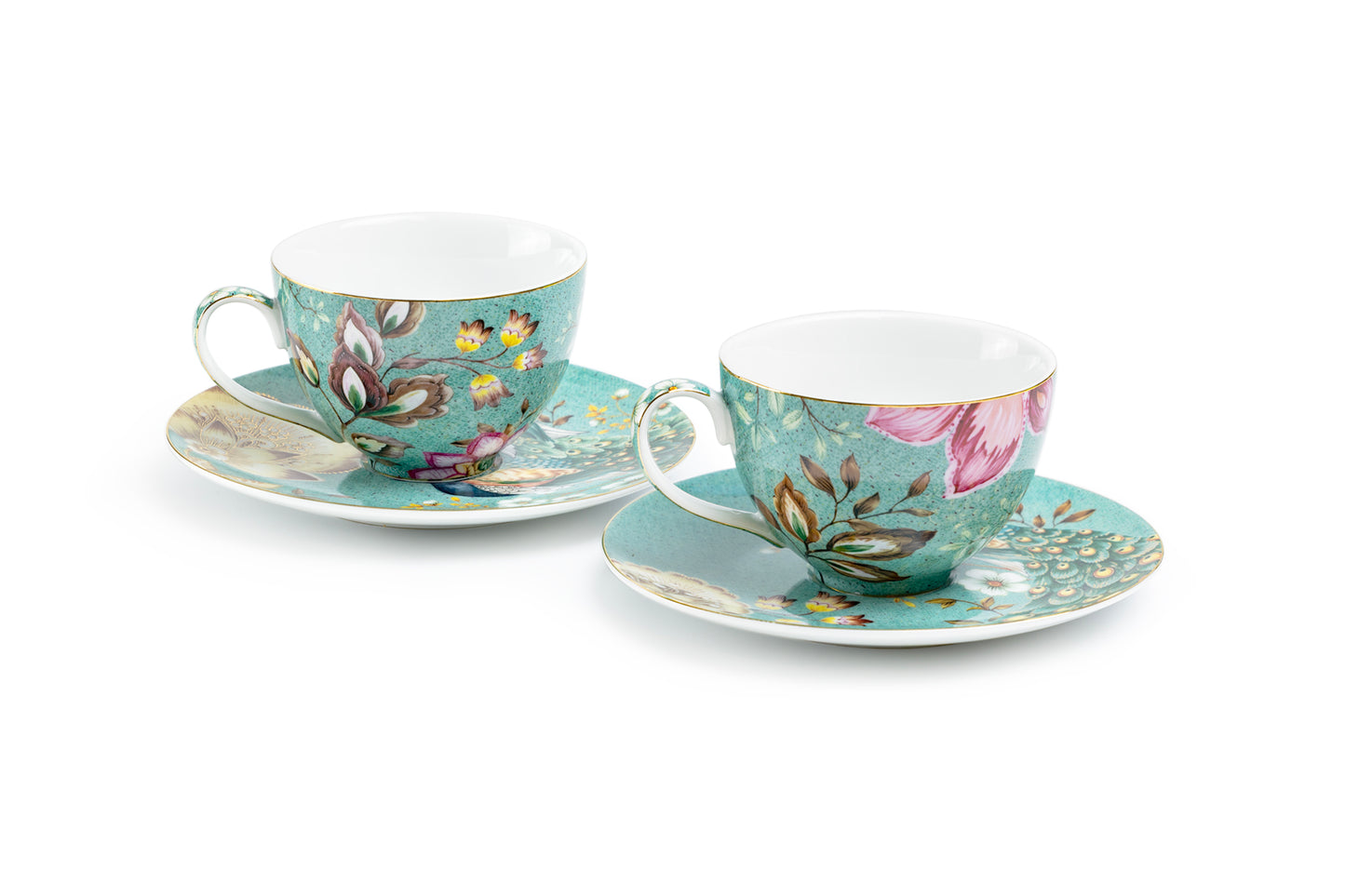 Peacock Lotus Garden Green Fine Porcelain Assorted Cup and Saucer Sets
