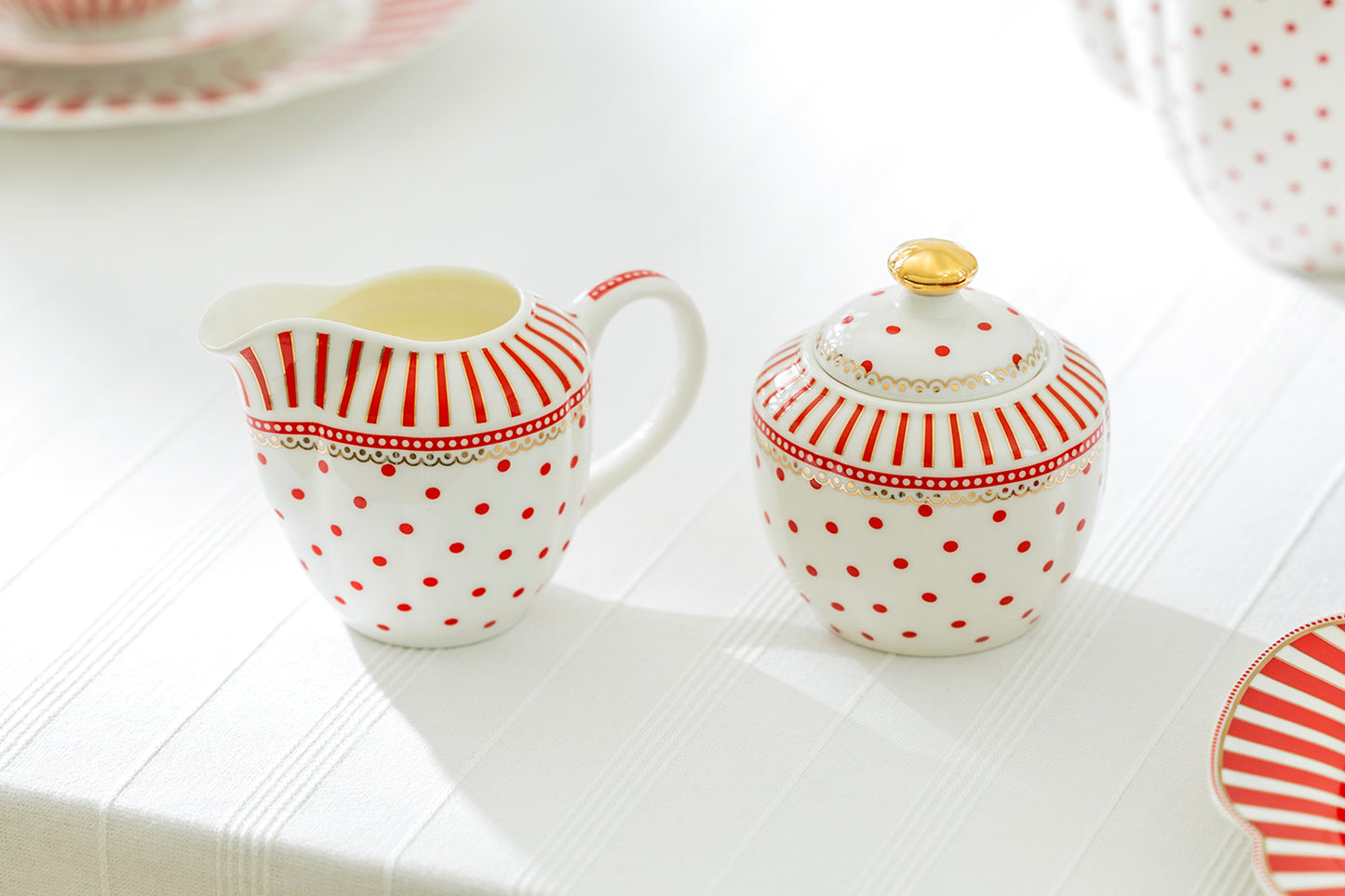 Grace Teaware Red Josephine Stripes and Dots Fine Porcelain Sugar and Creamer Set