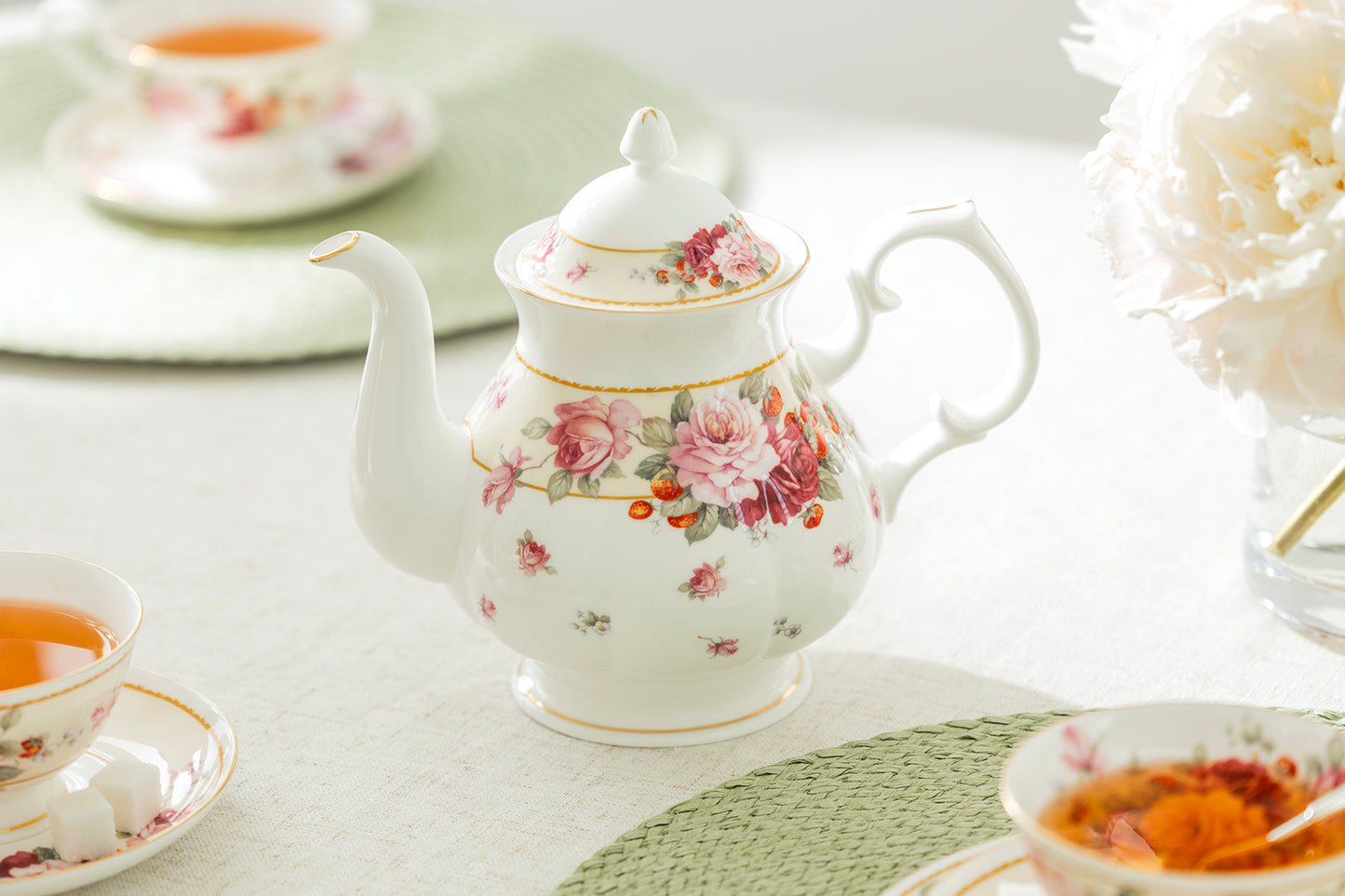 Gracie Bone China Peony and Strawberry Cream Bone China Teapot