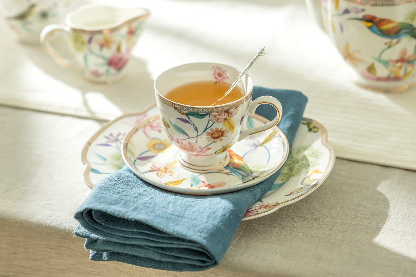 Spring Flowers with Hummingbird Fine Porcelain Tea Cup and Saucer Assorted Color Set - CLEARANCE