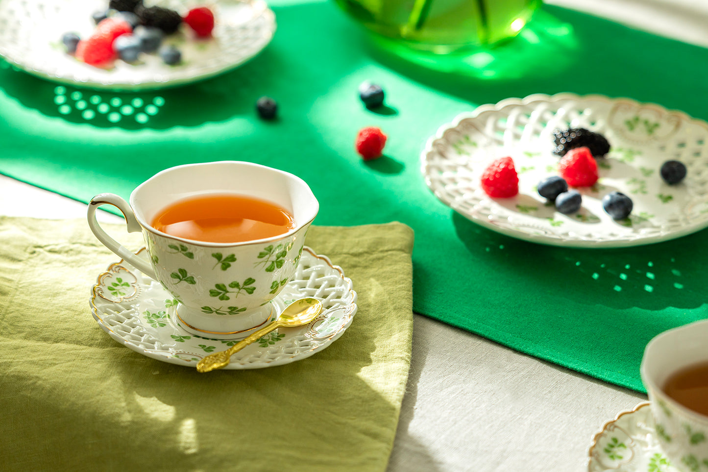 Shamrock Fine Porcelain Tea Cup and Saucer with Pierced Design