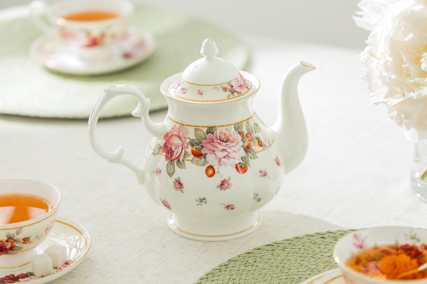 Peony and Strawberry Cream Bone China Teapot