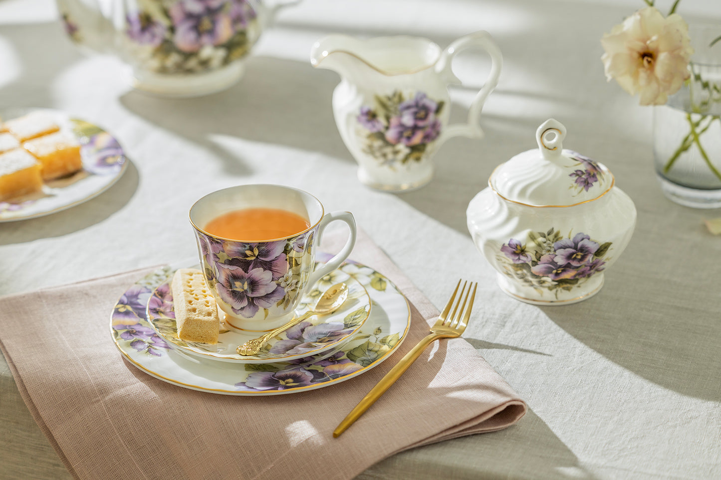 Purple Pansy Bone China Tea Cup and Saucer