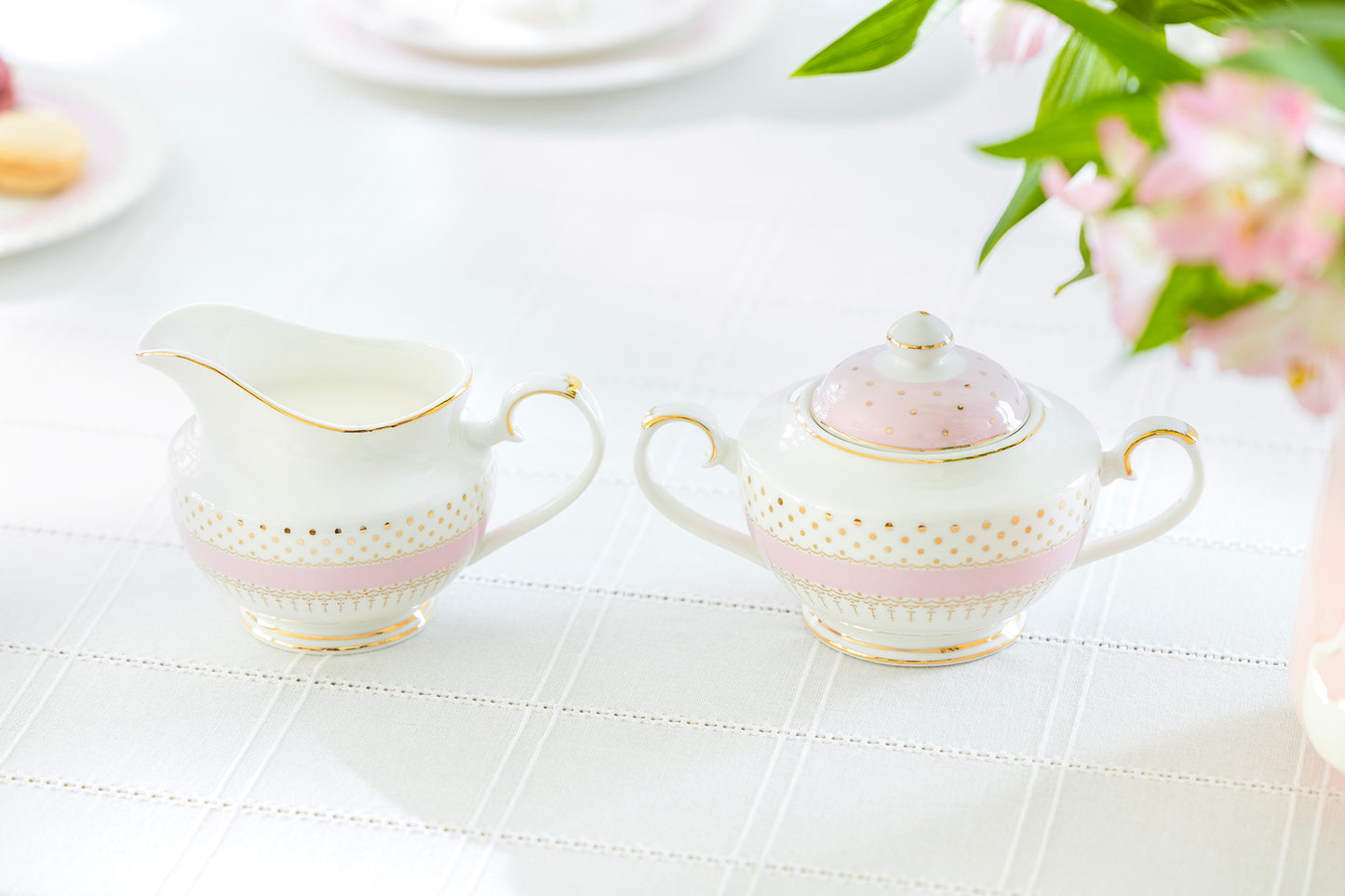 Pink Stripe with Gold Dots Fine Porcelain Sugar & Creamer Set - CLEARANCE