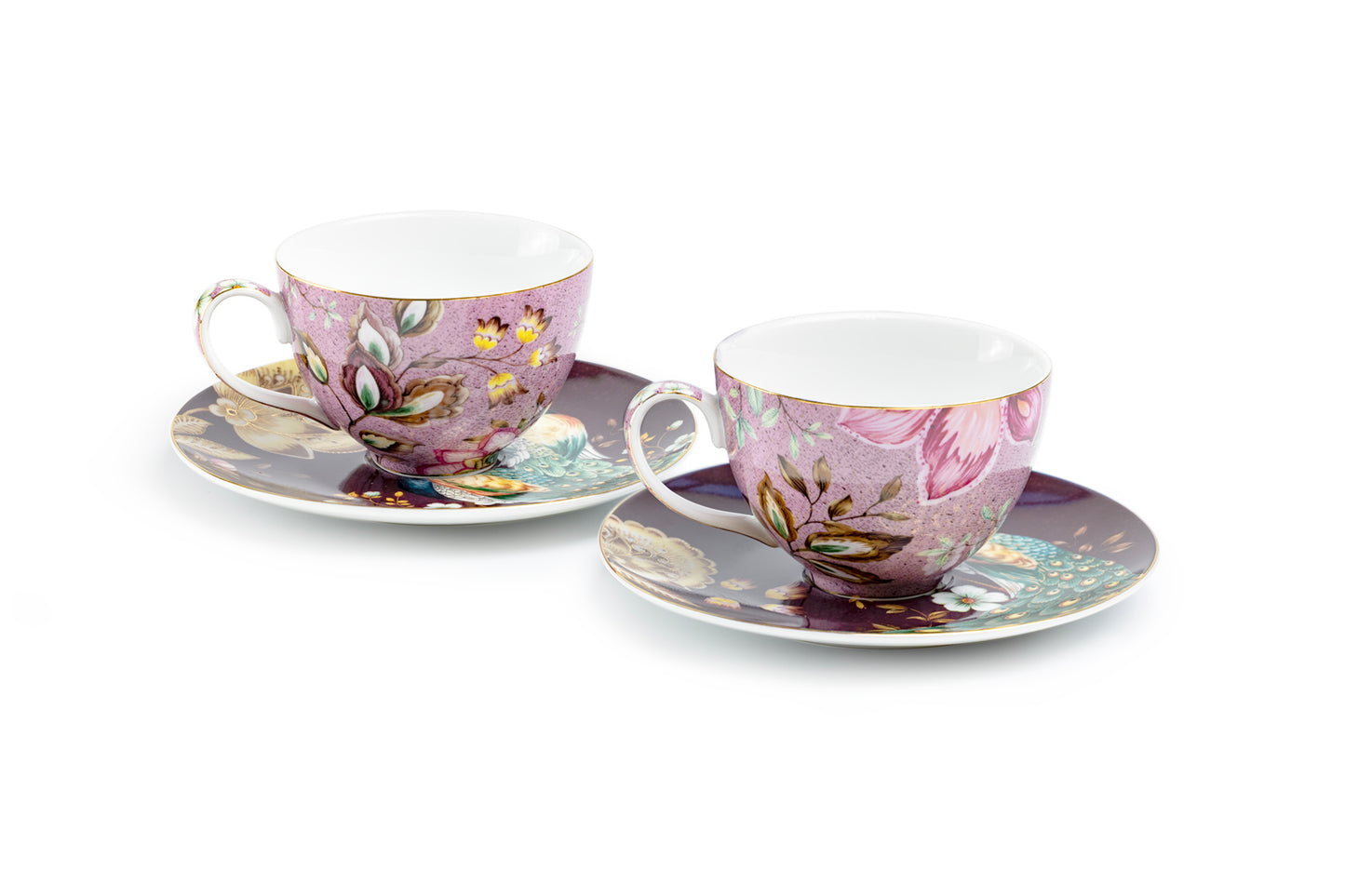 Peacock Lotus Garden Pink Fine Porcelain Assorted Cup and Saucer Sets