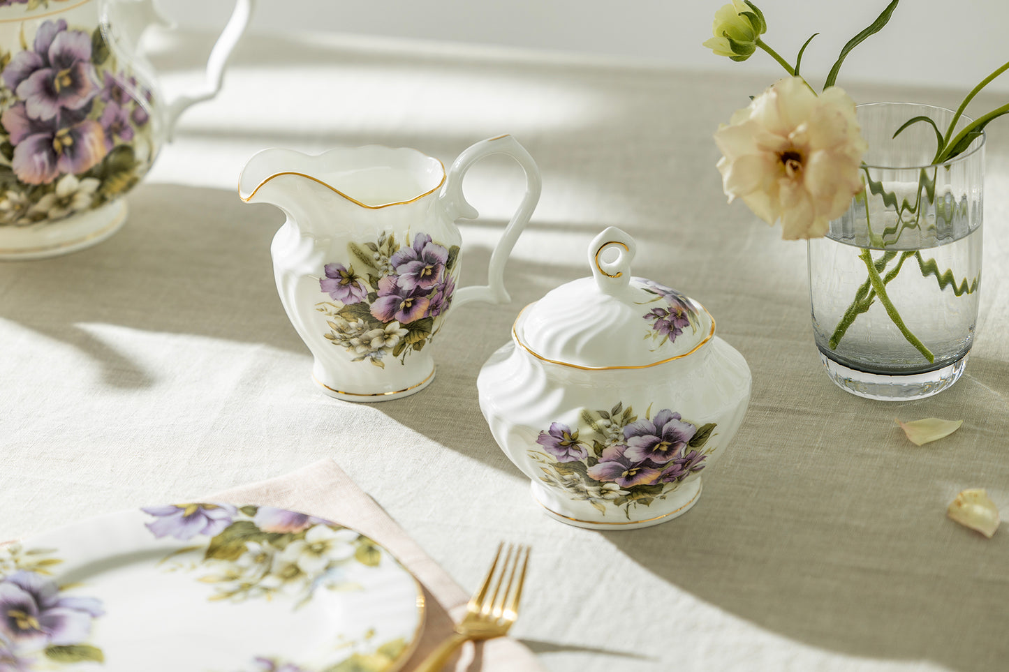 Gracie Bone China Purple Pansy Bone China Sugar & Creamer Set