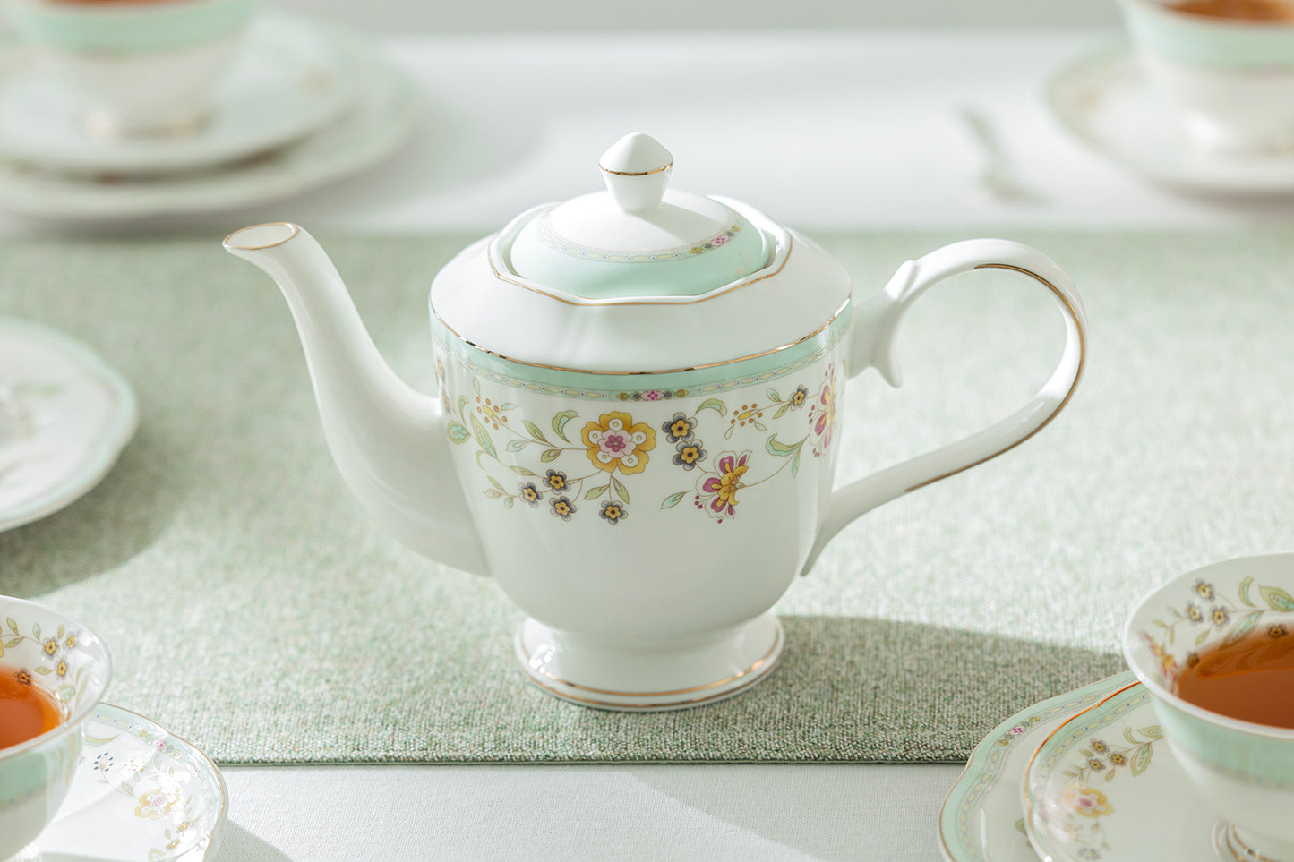 Yellow Corn Flowers with Mint Rim Fine Porcelain Teapot