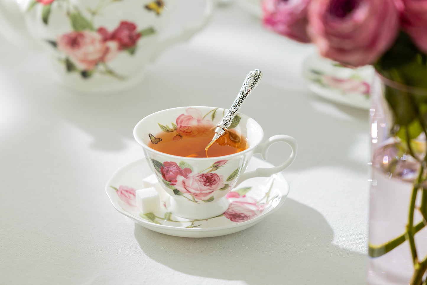 Stechcol Gracie Bone China Kensington Pink Rose Bone China Tea Cup and Saucer set