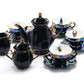 Grace Teaware Assorted Black Gold Luster Tea Cups and Saucers 11-Piece Tea Set, spider, skull, crow, witchy eye tea cups