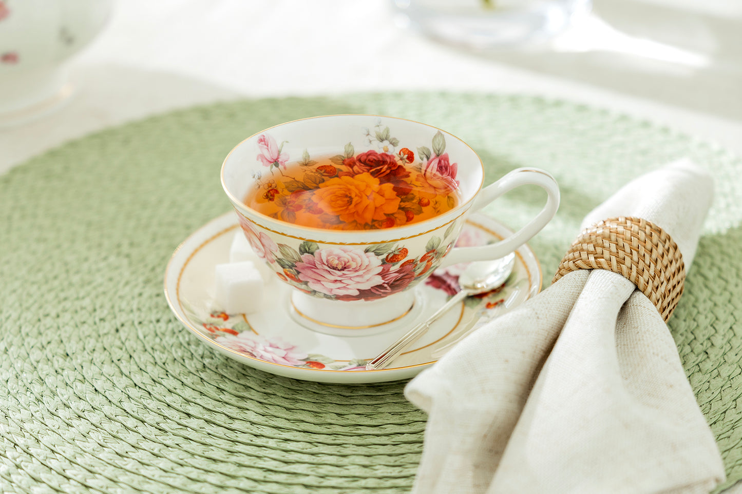 Stechcol Gracie Bone China Peony and Strawberry Cream Bone China Tea Cup and Saucer Set of 1