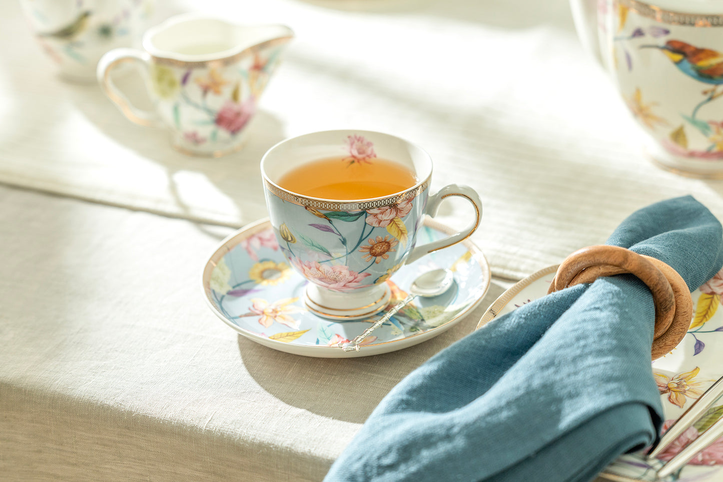 Spring Flowers with Hummingbird Fine Porcelain Tea Cup and Saucer Assorted Color Set - CLEARANCE