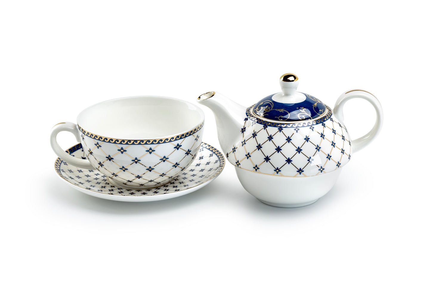 Trellis Blue Gold Fine Porcelain Tea For One Set