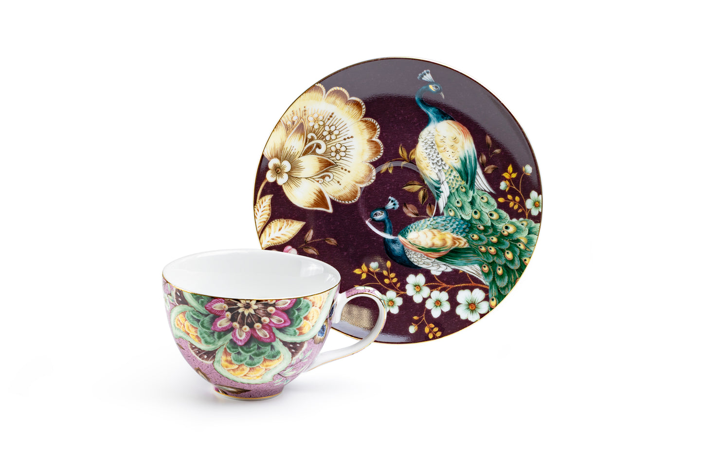 Peacock Lotus Garden Pink Fine Porcelain Assorted Cup and Saucer Sets