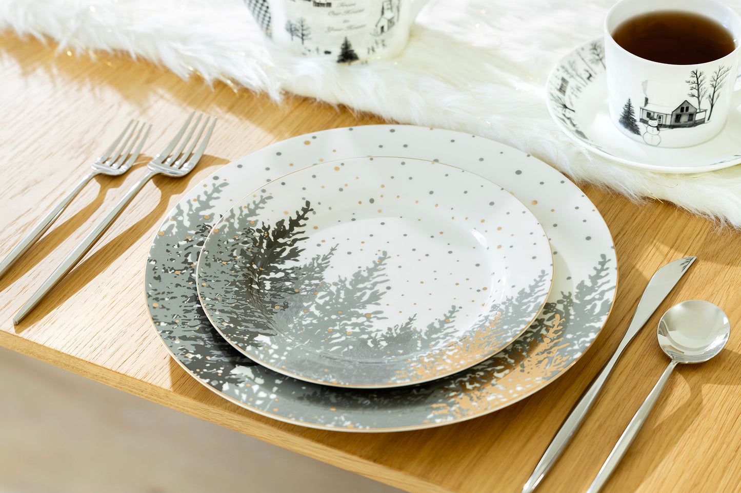 Grey and Gold Winter Forest Fine Porcelain Dessert/Dinner Plate