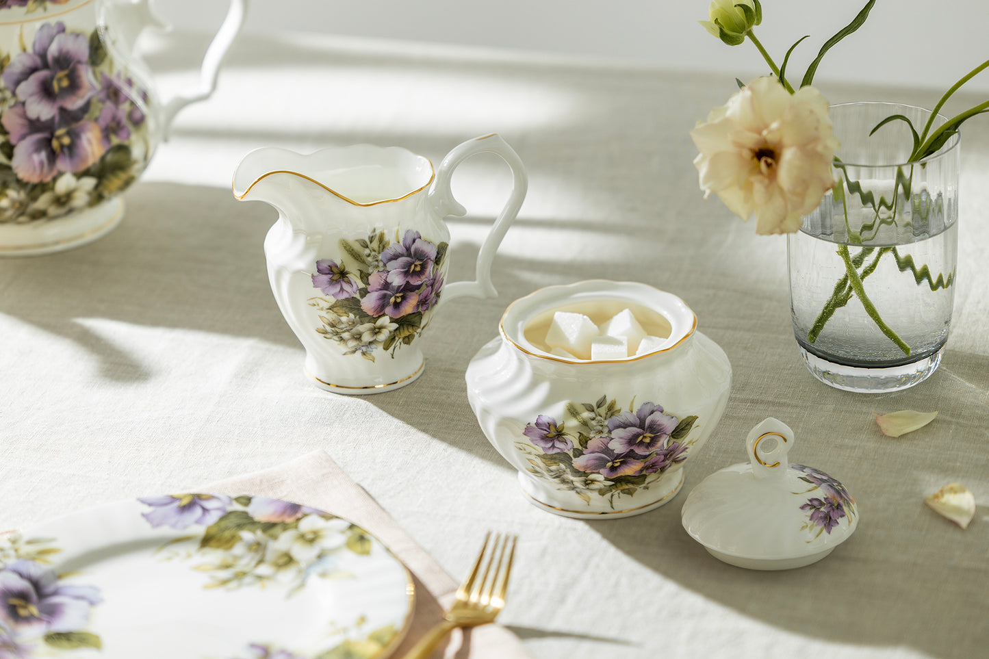 Purple Pansy Bone China Sugar & Creamer Set