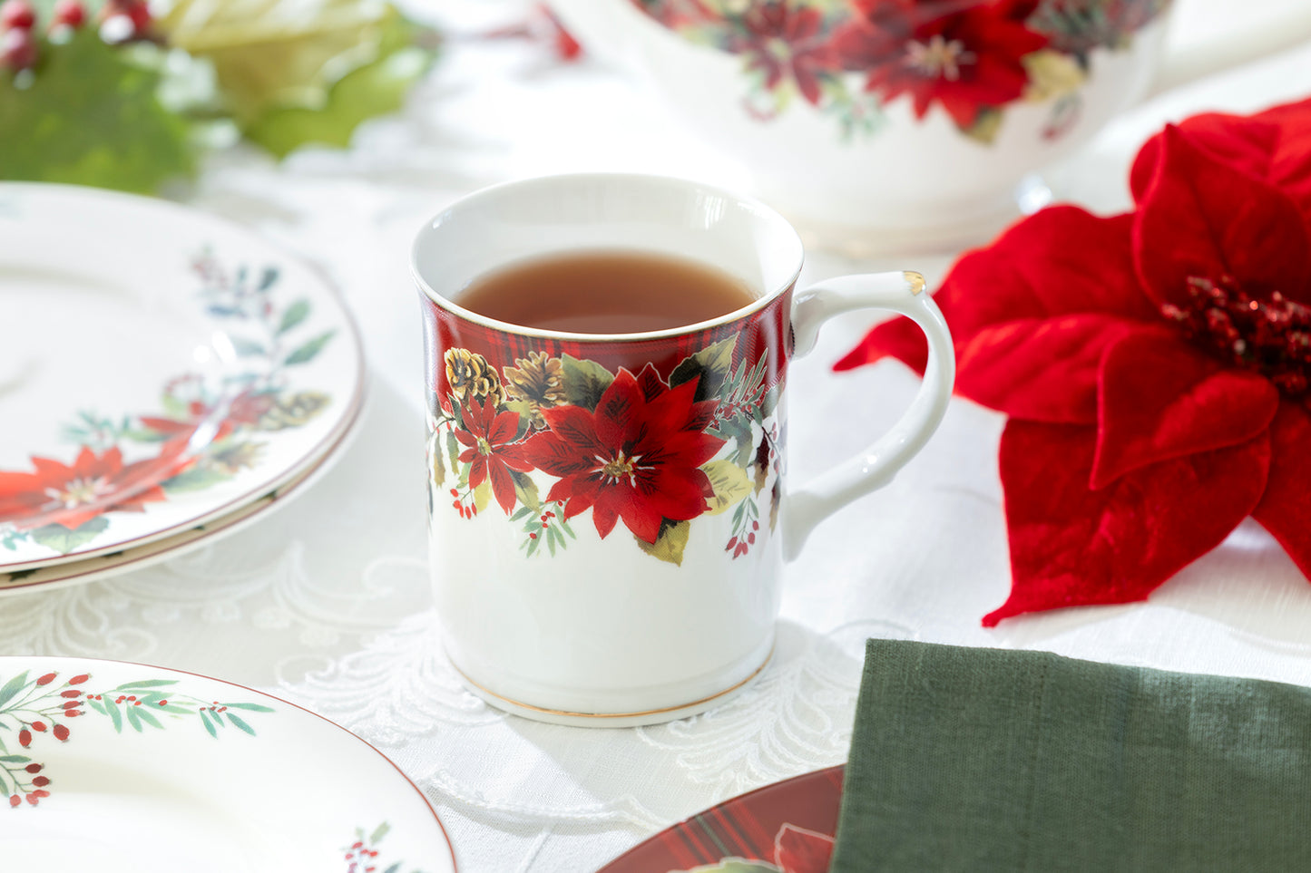 Poinsettia Pine Cone Fine Porcelain Mug