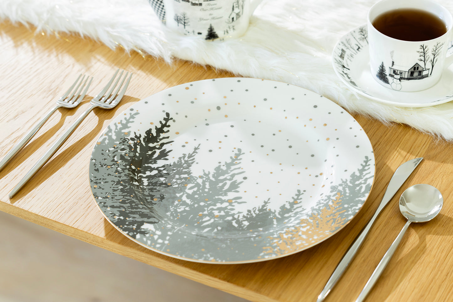 Grey and Gold Winter Forest Fine Porcelain Dessert/Dinner Plate