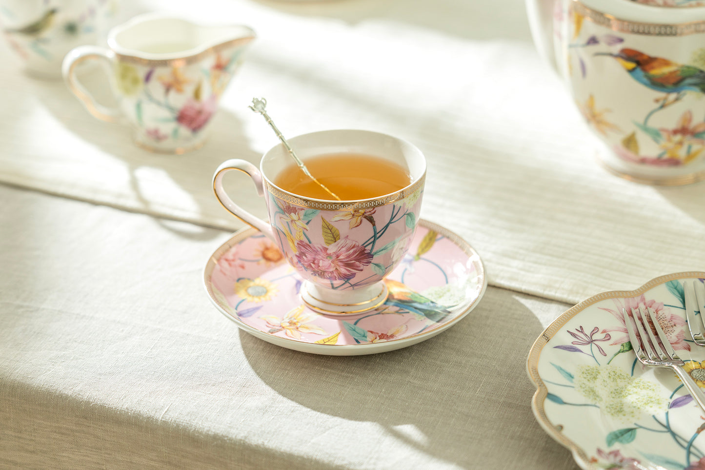 Spring Flowers with Hummingbird Fine Porcelain Tea Cup and Saucer Assorted Color Set - CLEARANCE