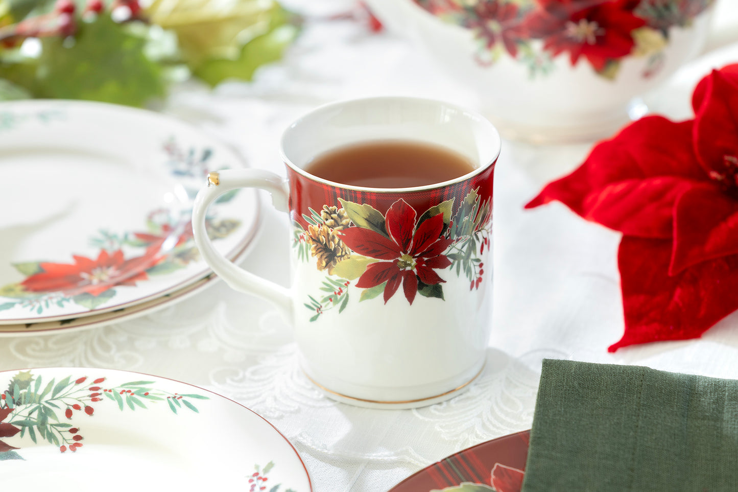 Poinsettia Pine Cone Fine Porcelain Mug