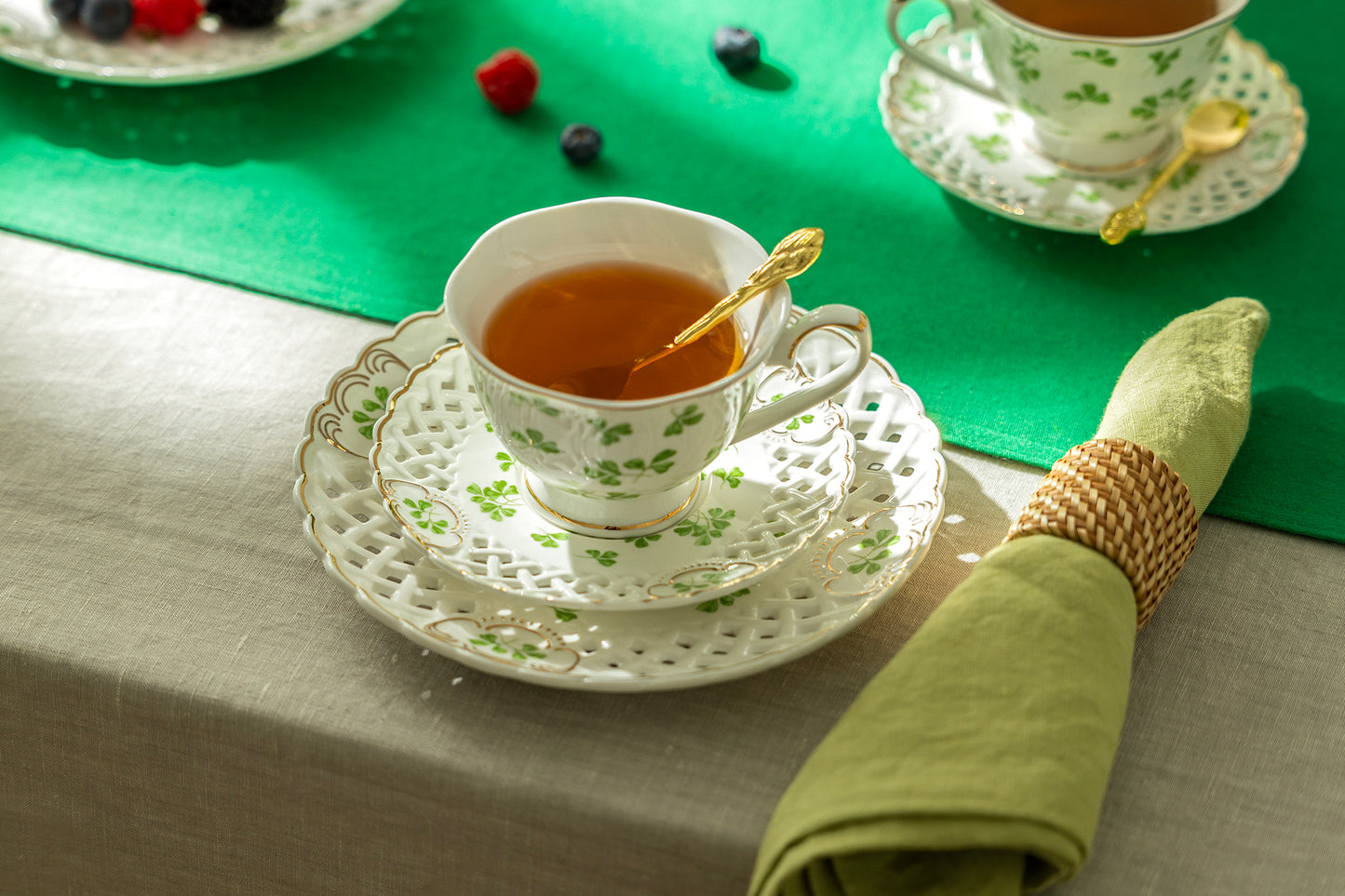 Shamrock Fine Porcelain Tea Cup and Saucer with Pierced Design