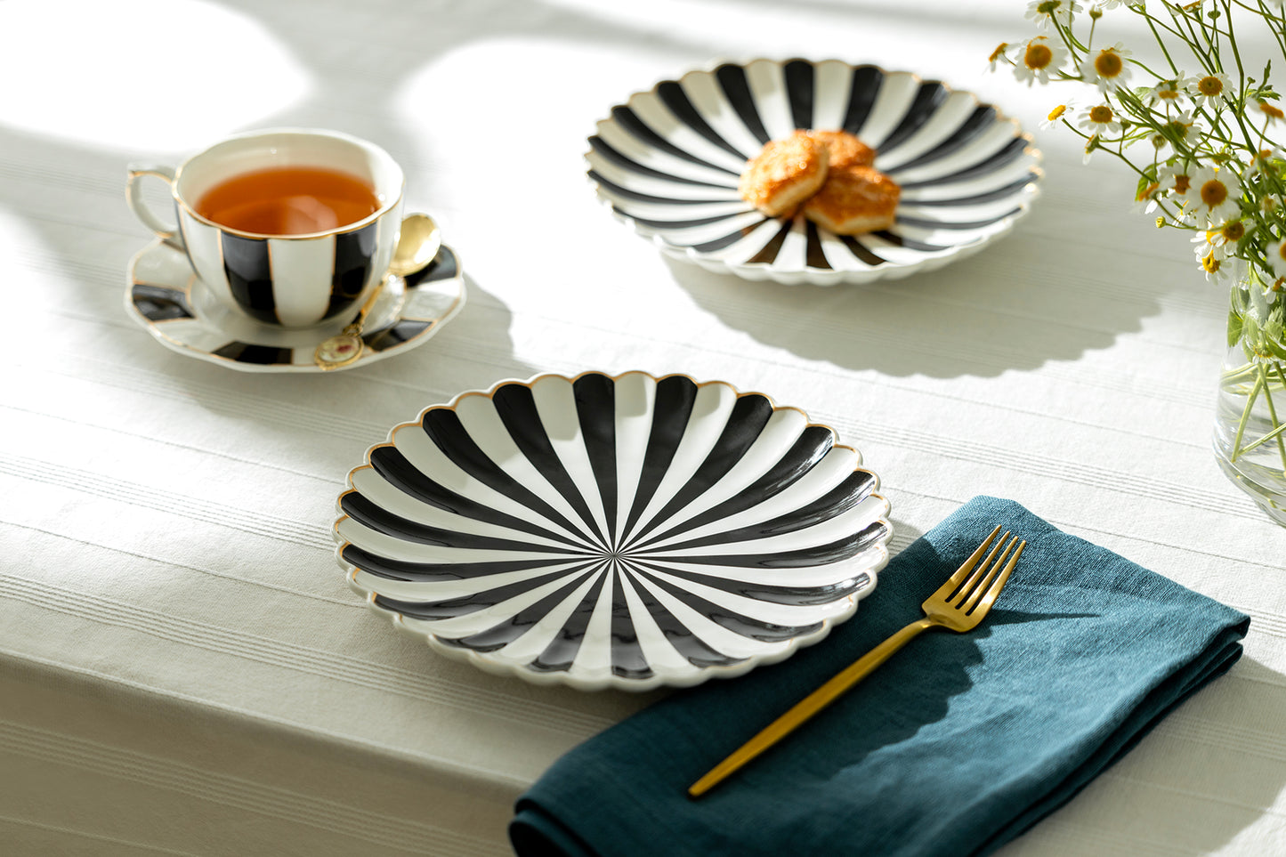 Black and White Stripe Scallop Fine Porcelain Dessert Plate - CLEARANCE
