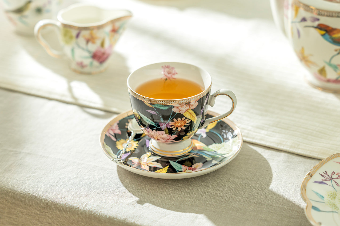 Spring Flowers with Hummingbird Fine Porcelain Tea Cup and Saucer Assorted Color Set - CLEARANCE