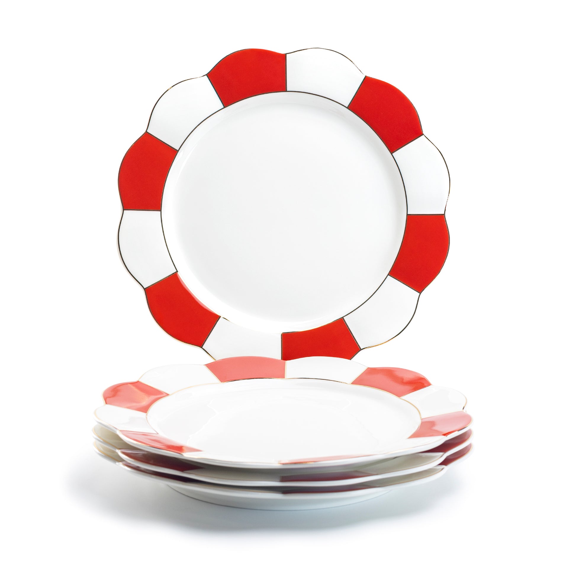 Grace Teaware Red Gold Scallop Fine Porcelain Dinner Plate set of 4