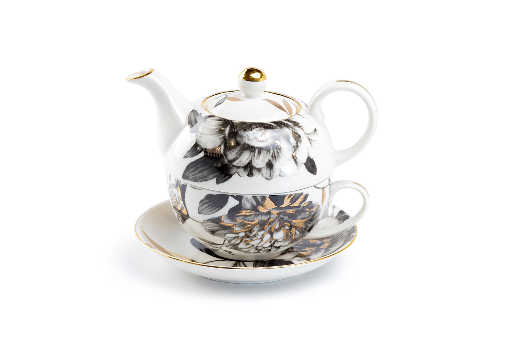 Grace Teaware Black Gold Peony Fine Porcelain Tea For One
