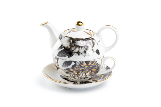 Grace Teaware Black Gold Peony Fine Porcelain Tea For One