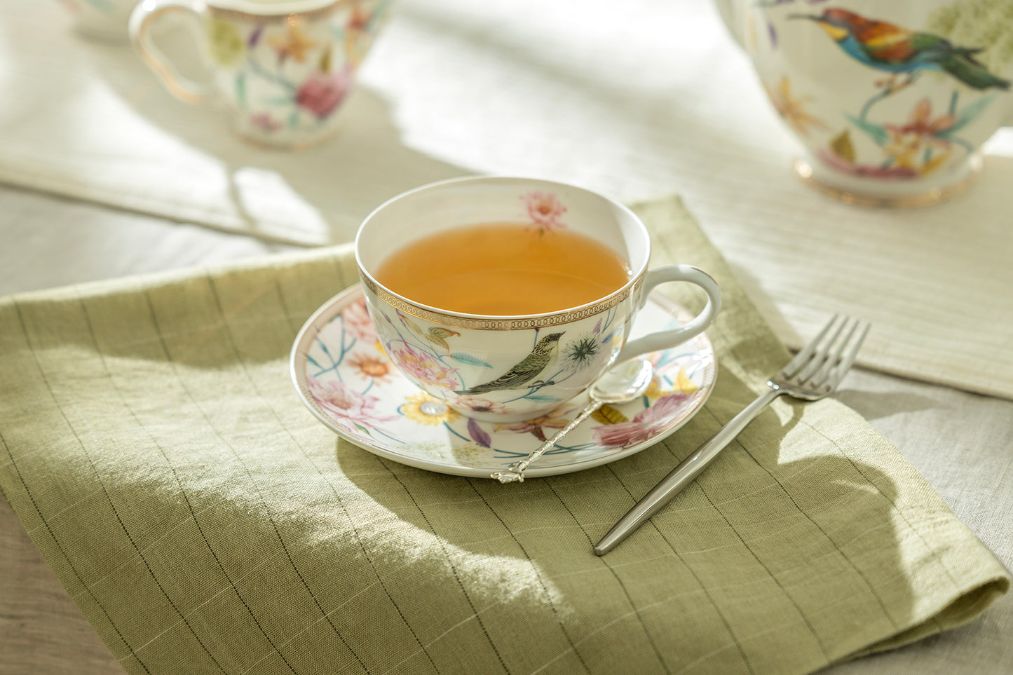 Spring Flowers with Bird Fine Porcelain Latte Cup and Saucer