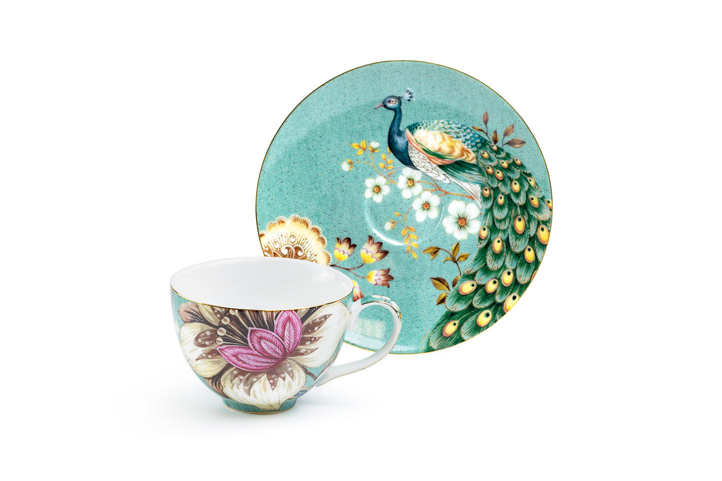 Peacock Lotus Garden Green Fine Porcelain Assorted Cup and Saucer Sets