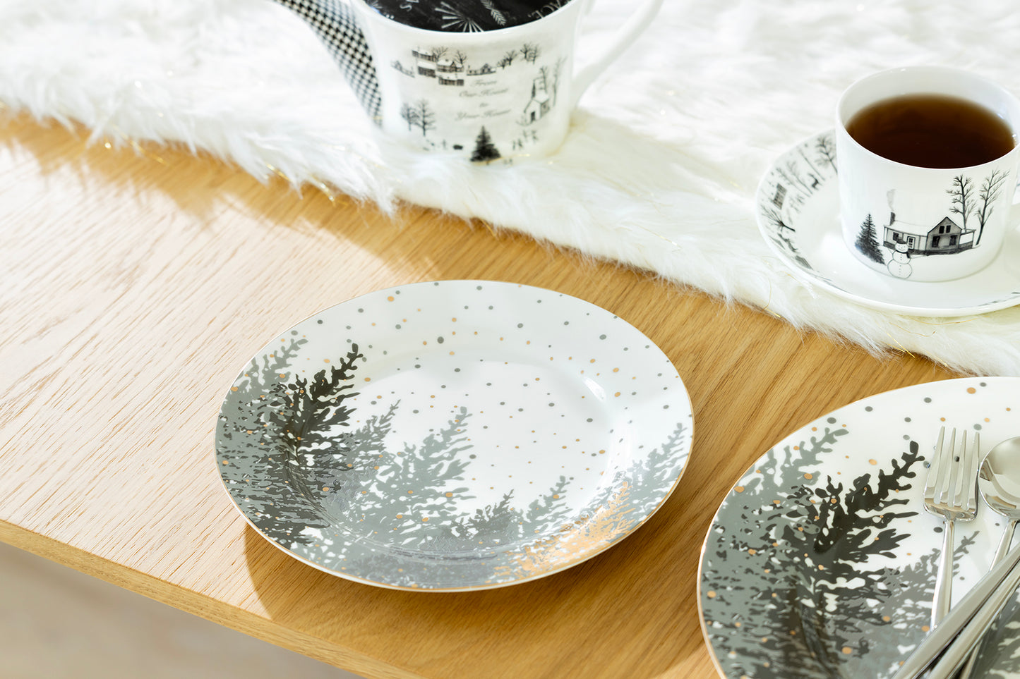 Grey and Gold Winter Forest Fine Porcelain Dessert/Dinner Plate
