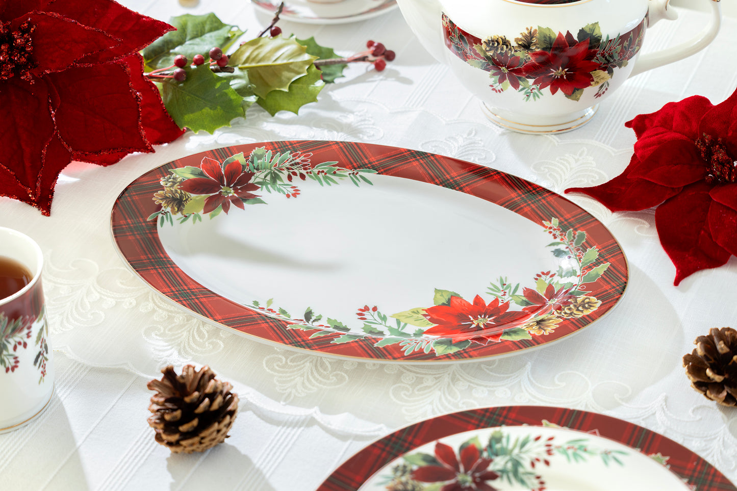 14" Poinsettia Pine Cone Fine Porcelain Oval Serving Platter