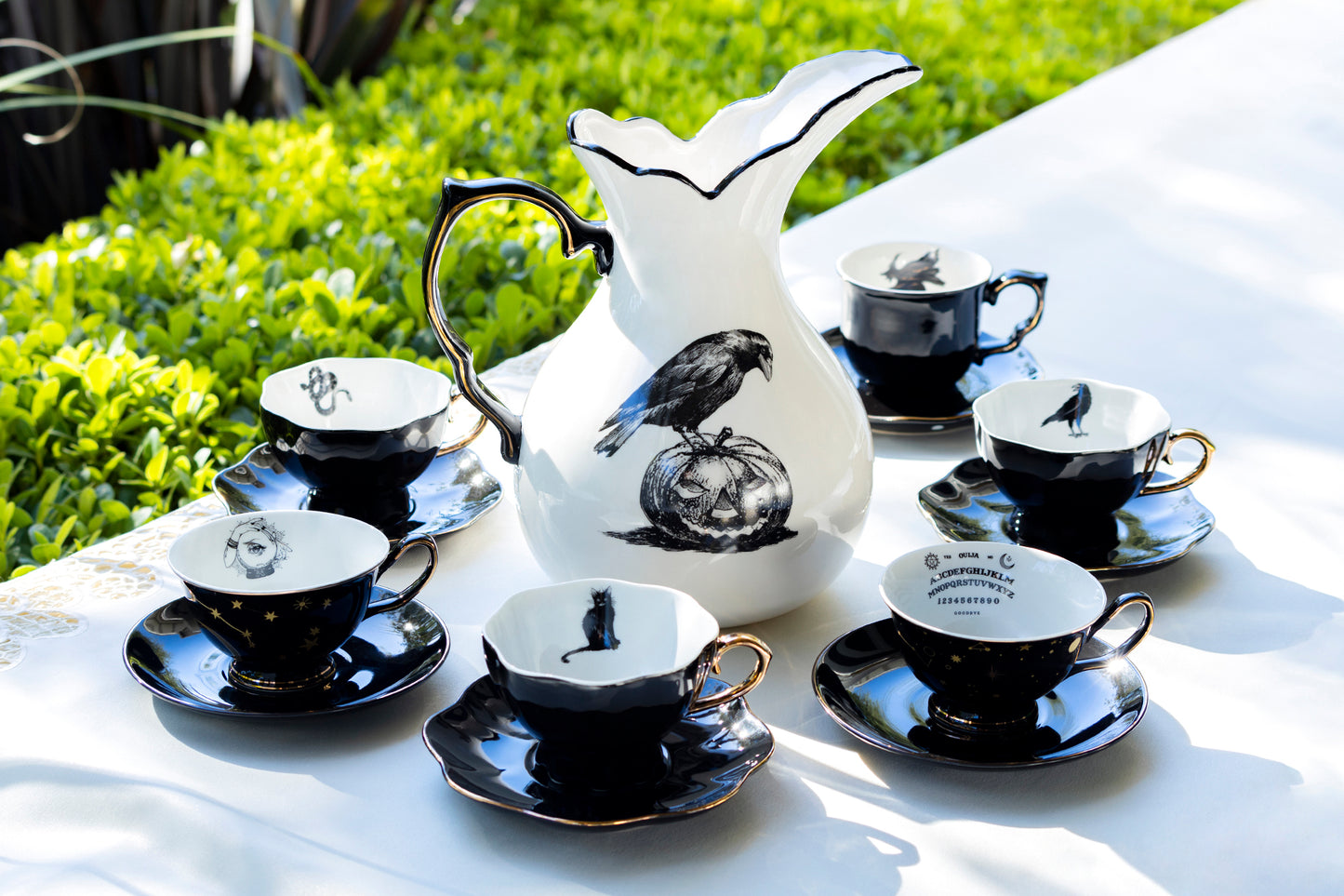 Grace Teaware Potter's Studio Witches Brew Pitcher + 6 Assorted Halloween Tea Cup and Saucer Sets