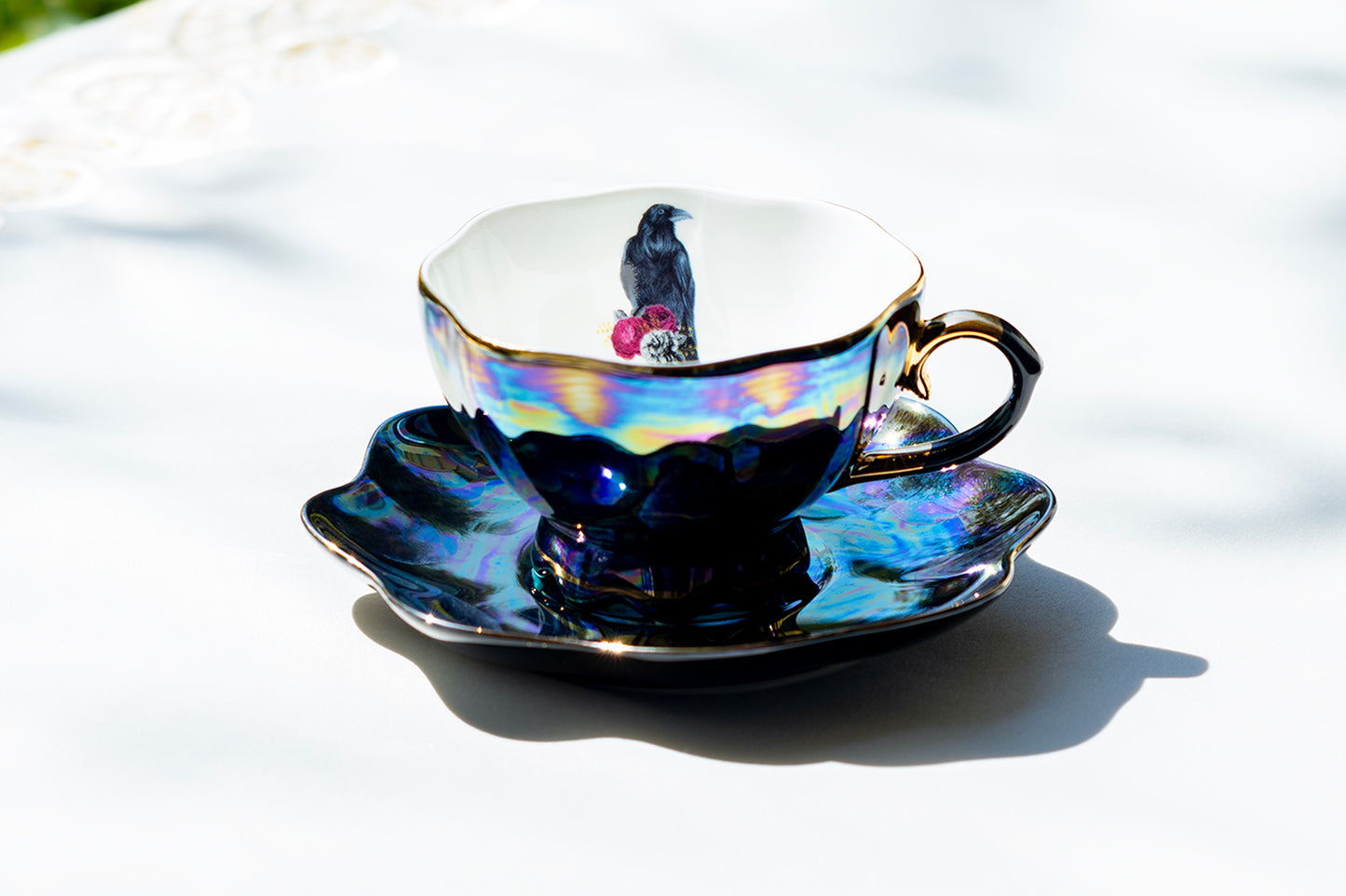 Grace Teaware crow raven with roses luster tea cup