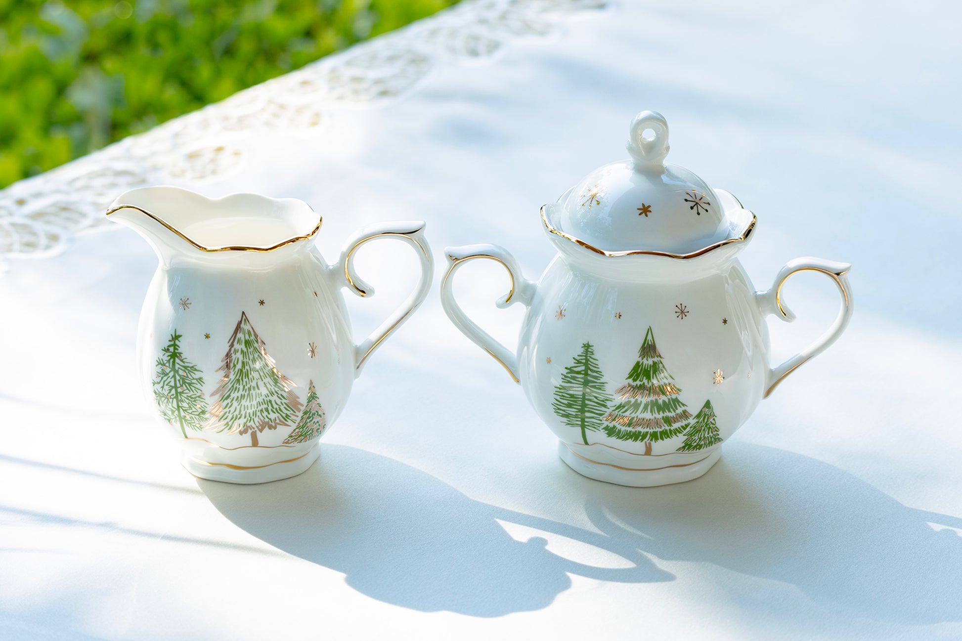 Grace Teaware Christmas Pine Trees Fine Porcelain sugar and creamer set
