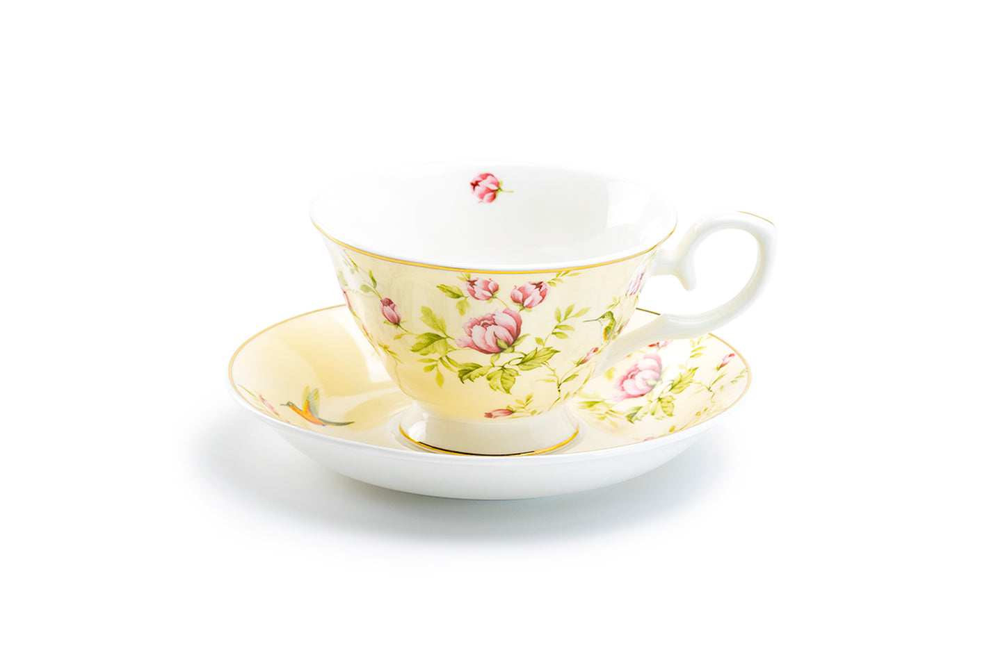 Gracie Bone China Rose Bud with Hummingbird Bone China Tea Cup and Saucer