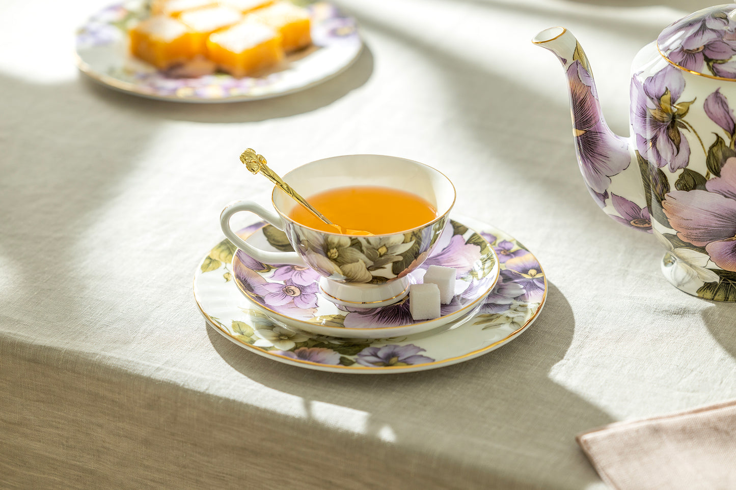 Purple Gold Pansy Bone China Tea Cup and Saucer