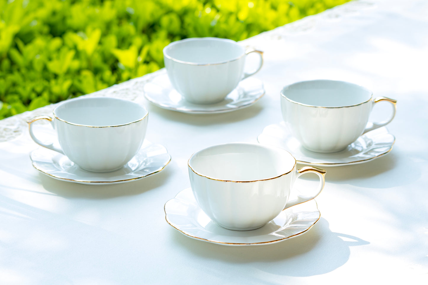 Grace Teaware White Gold Scallop Fine Porcelain Tea / Latte Cup and Saucer set of 4