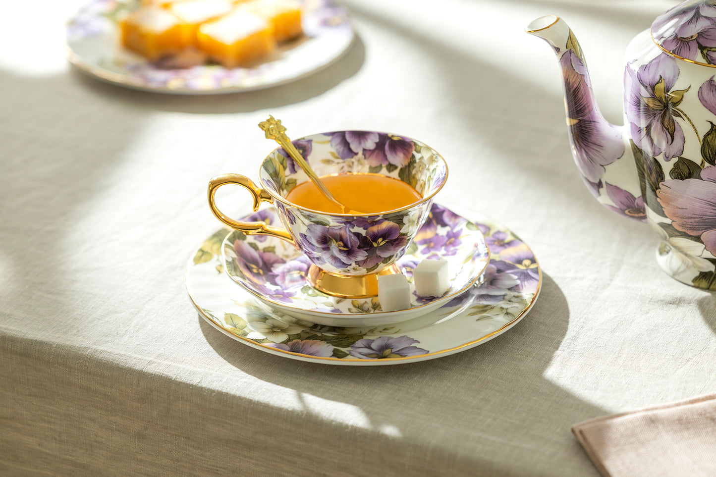 Purple Pansy Gold Bone China Tea Cup and Saucer