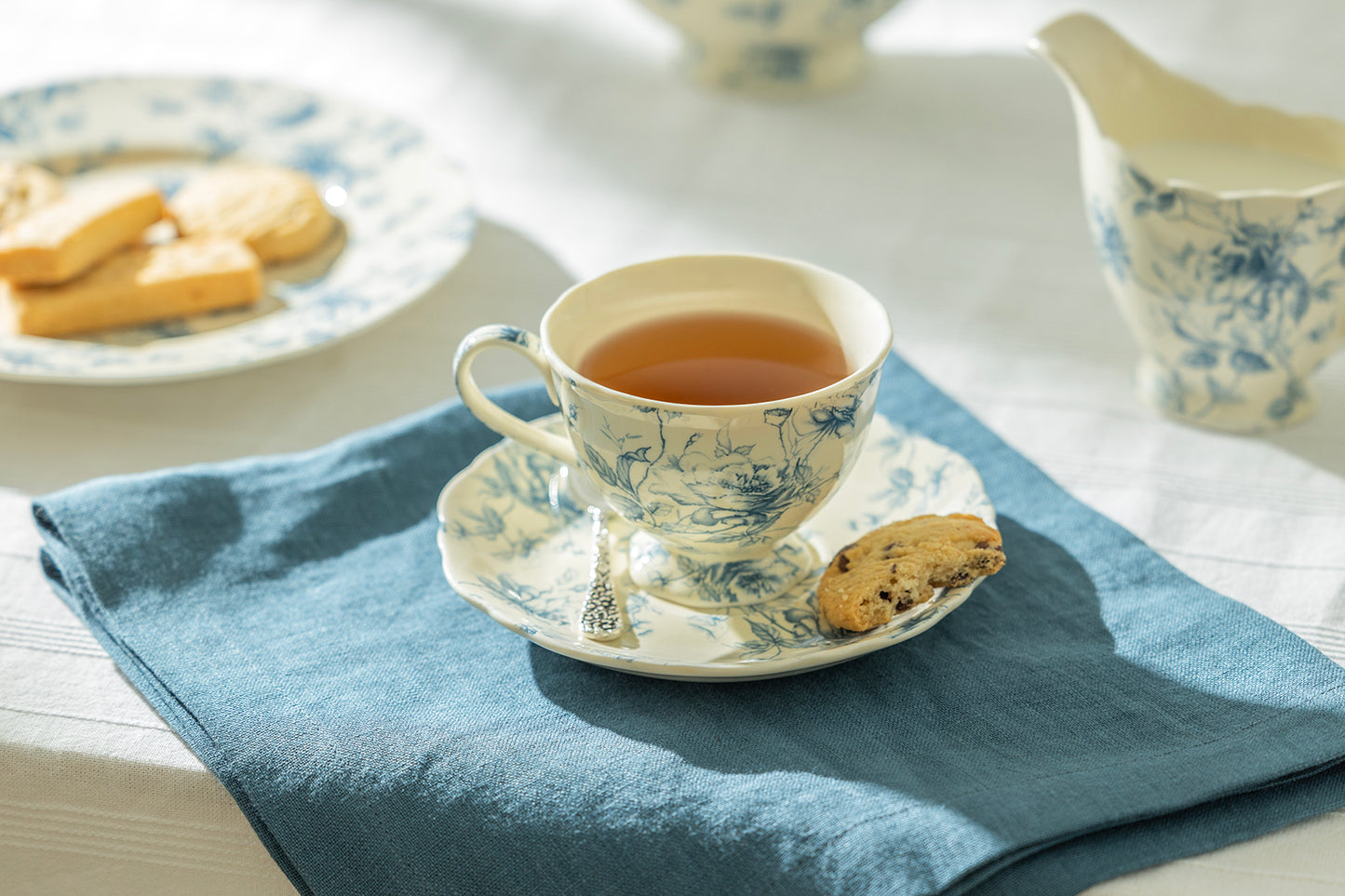 Blue Rose Toile Fine Porcelain Tea Cup and Saucer