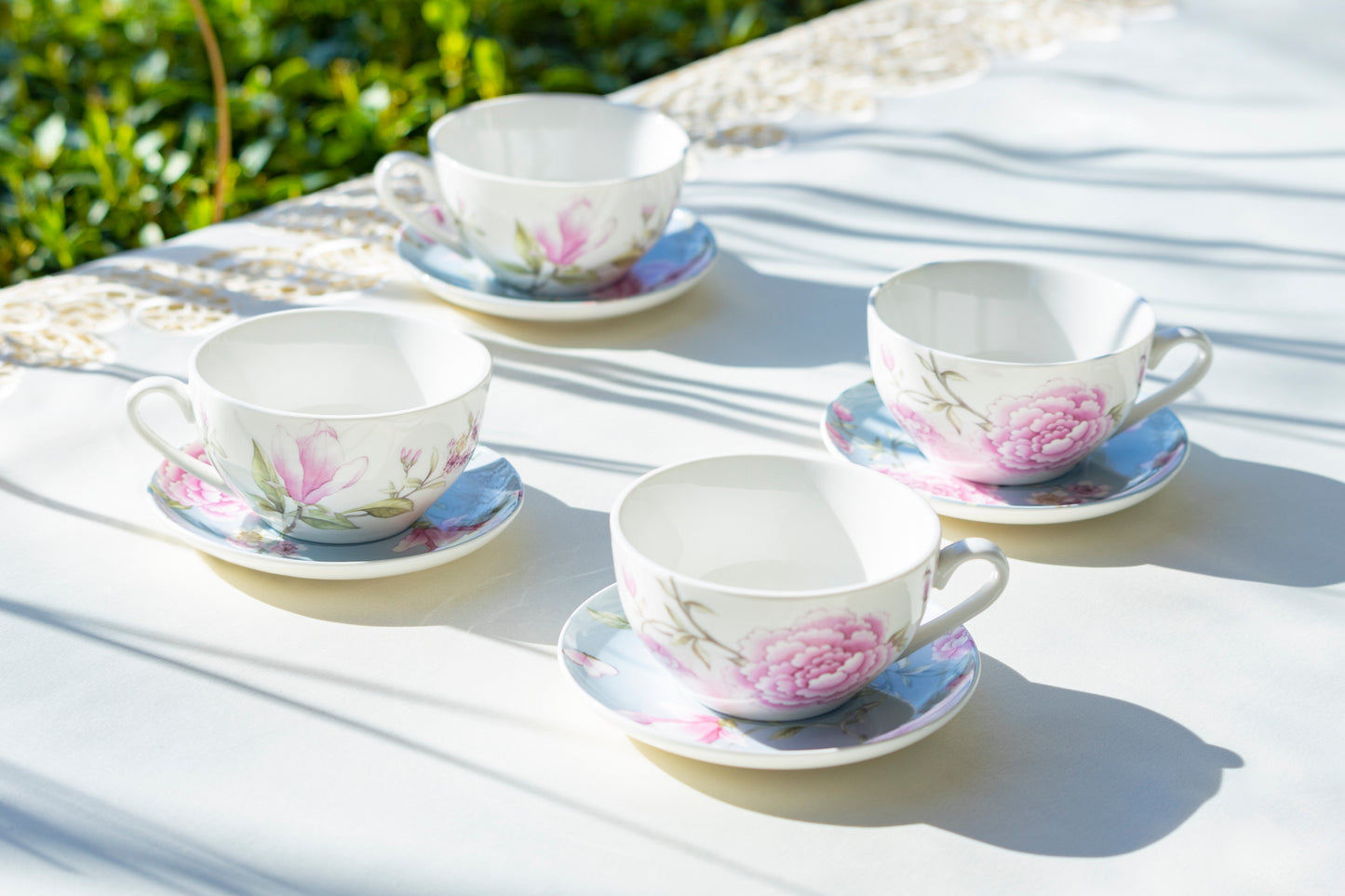 Stechcol Gracie China Peony and Magnolia Fine Porcelain Cup and Saucer set of 4