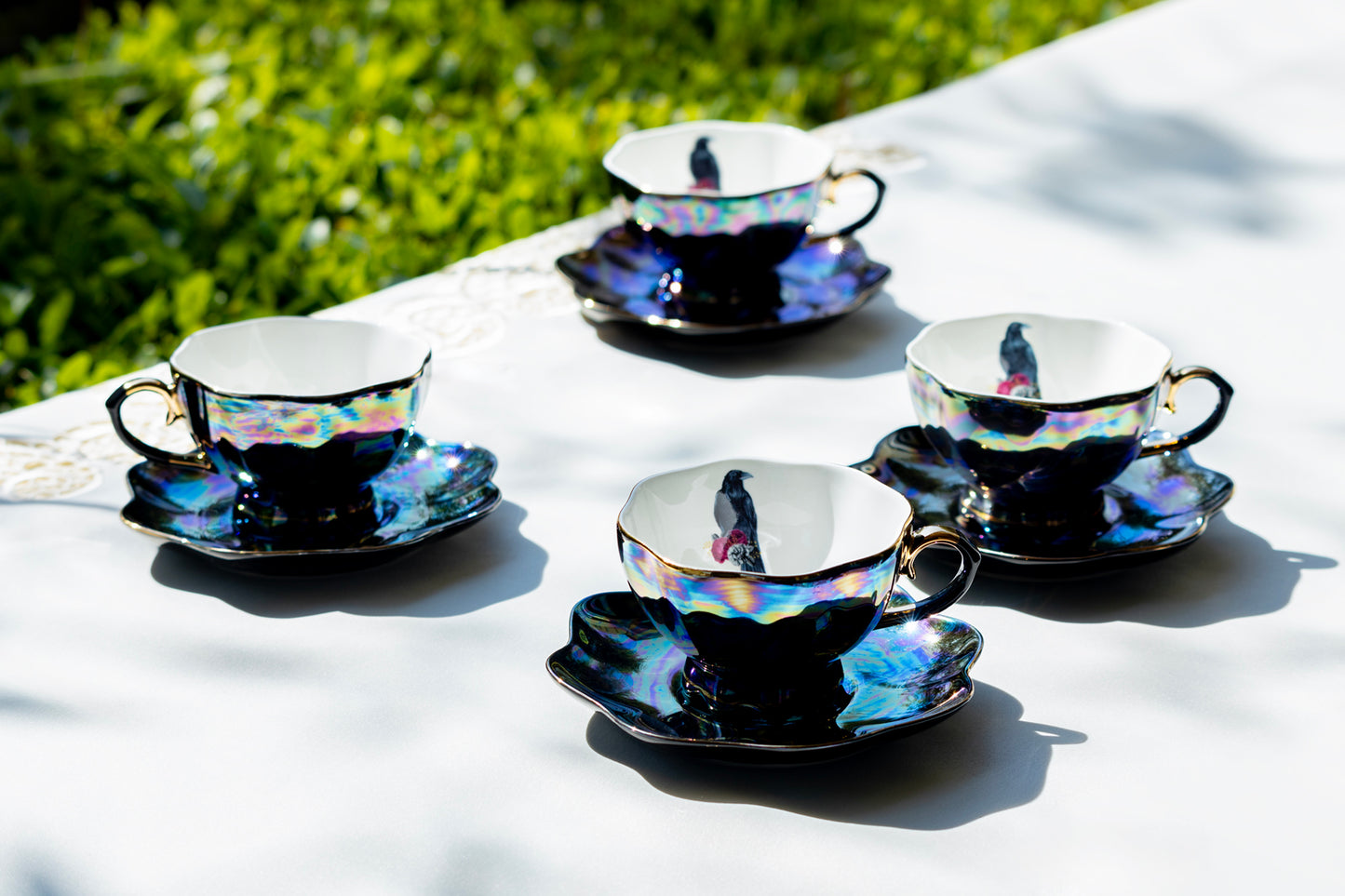 Grace Teaware Crow with Red Roses Black Gold Luster tea cups