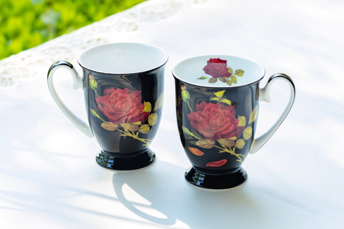 Stechcol Gracie Bone China Stem Red Rose Black Bone China Footed Mug set of 2