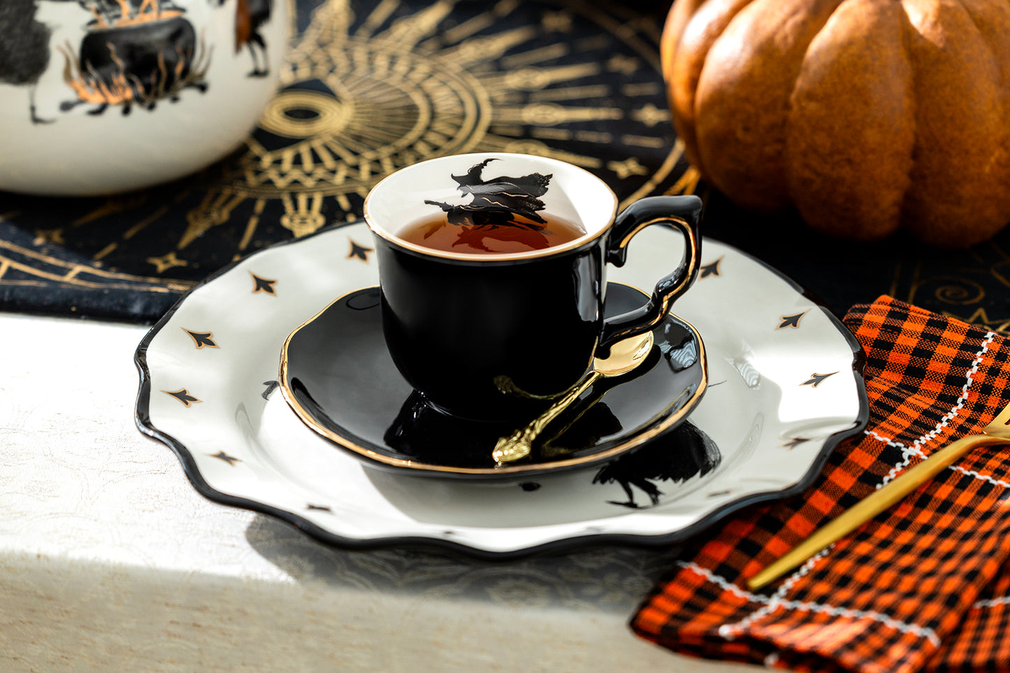 Potter's Studio Halloween Witch Black Gold Tea Cup and Saucer