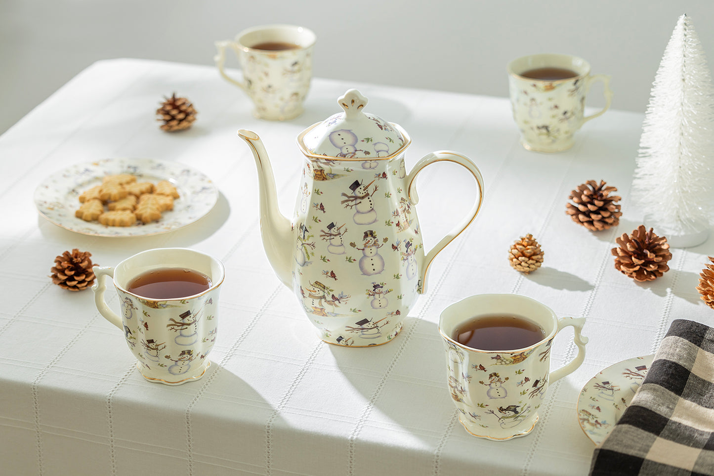 Grace Teaware Holiday Snowman Happy Snowmen Hot Chocolate Pot with Mugs Set