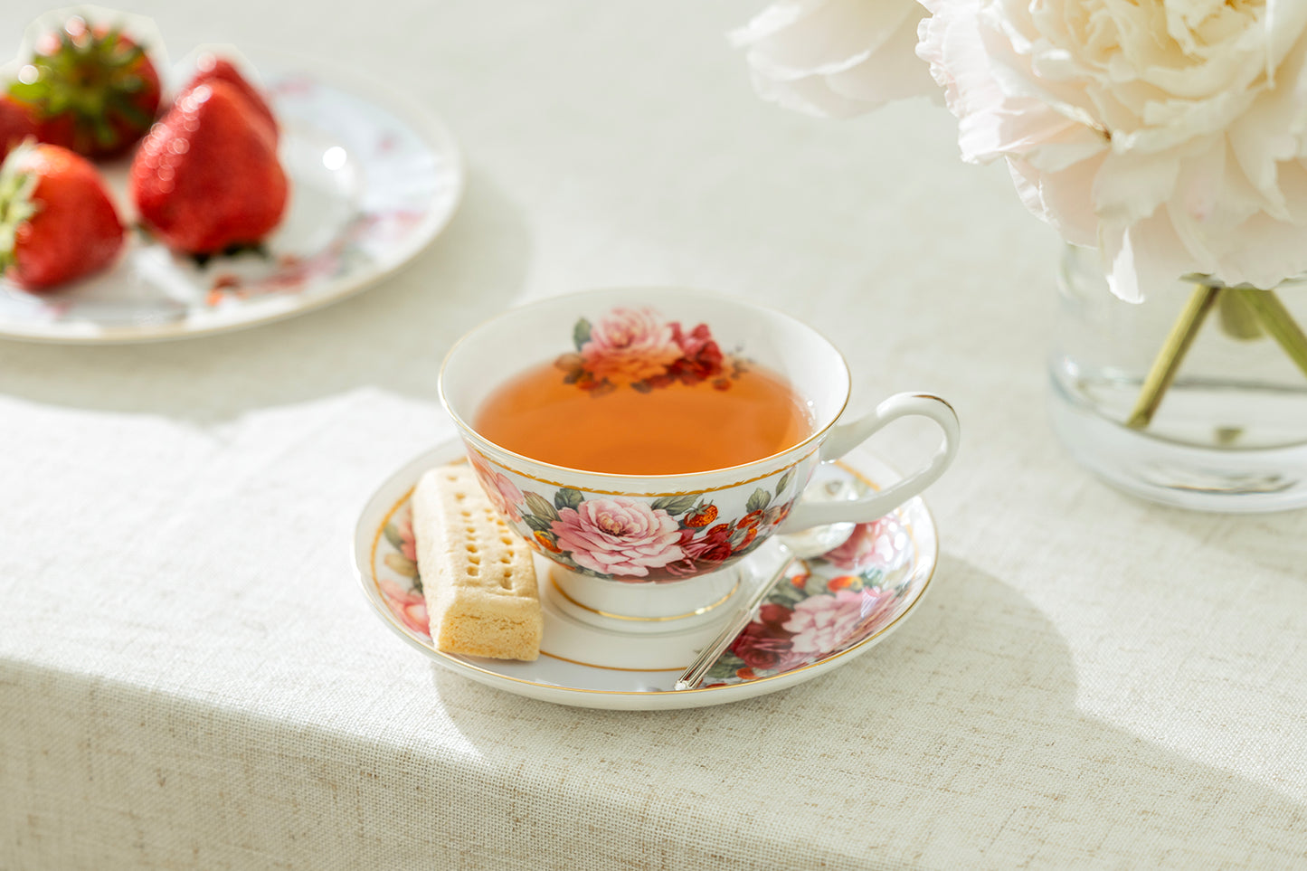 Stechcol Gracie Bone China Peony and Strawberry Bone China Tea Cup and Saucer Set of 1