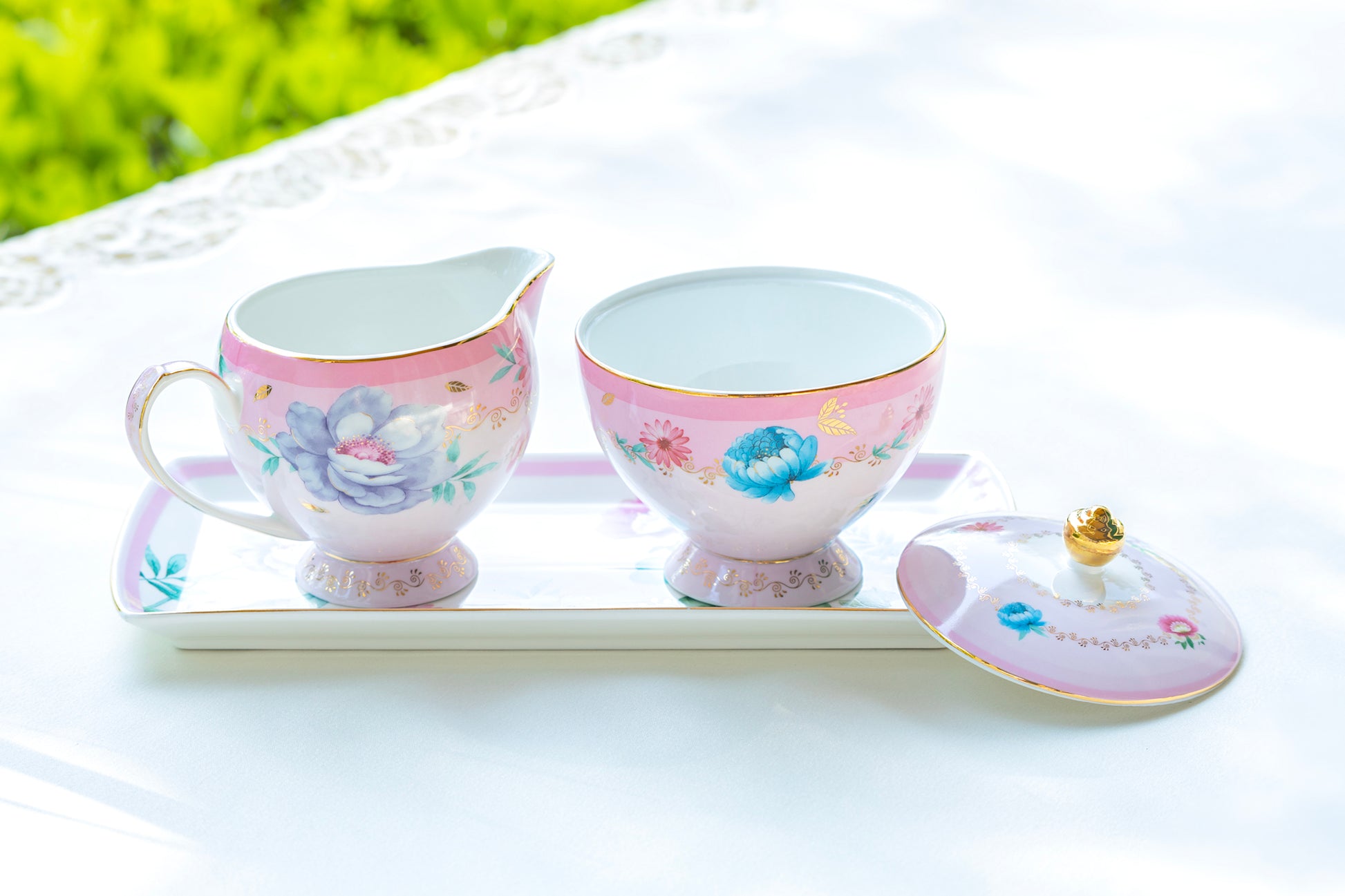 Grace Teaware Pink Flower Garden Fine Porcelain Sugar Creamer & Serving Tray Set
