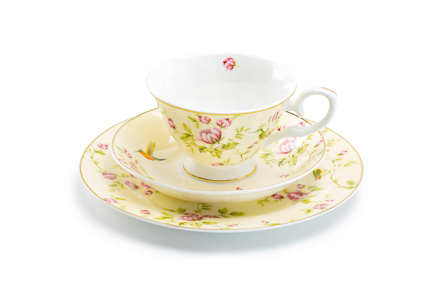 Rose Bud with Hummingbird Yellow Bone China Tea Cup and Saucer